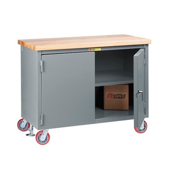24" x 36" Butcher Block Top, Center Shelf, Mobile, 4 Swivel Polyurethane Casters, 3000 lbs. Capacity